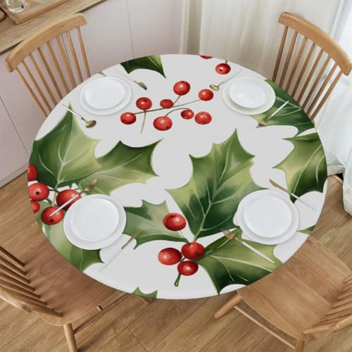 Mexpekil Tovaglia rotonda natalizia, con foglie di agrifoglio, elastica, impermeabile, per esterni, interni, cucina, giardino, sala da pranzo, M