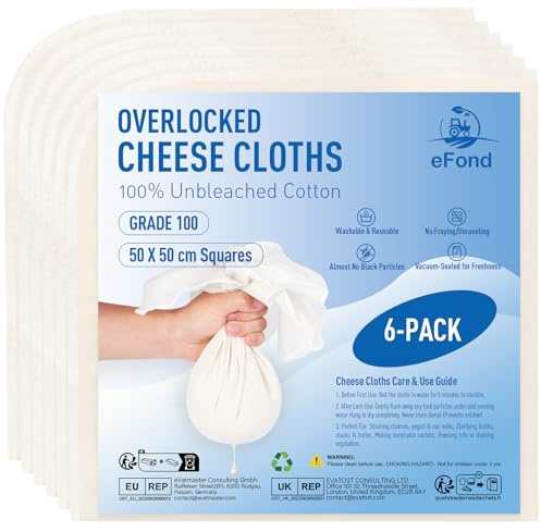 eFond Passiertuch Käsetuch Mulltuch - 6 Stück, 50x50cm Quadrate | Overlock-Saum - Grade 100 Ultrafeinmaschig zum Abseihen von Butter, Nussmilch - Cheesecloth, Seihtuch für Kochen und Braten
