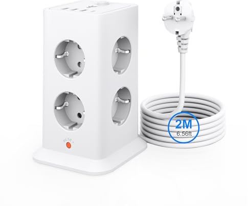 Multiprise avec Interrupteur, Tour 8 Prises USB 3.4A, câble 2m Blanc 3680W | Design vertical gain de place, parafoudre anti-surtension, adapté maison et bureau