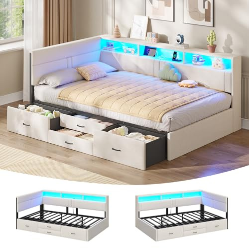 AOGLLATI Polsterbett Schlafsofa 90x200, Einzelbett mit LED-Beleuchtung & Ladestation, Kinderbett 90x200 mit 4 Schubladen und Lattenrost,Jugendbett Tagesbett 90 x 200, Leinen, Beige (ohne Matratze)