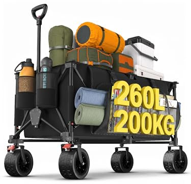 JUMMICO XXXL Faltbarer Bollerwagen 260L 200KG Tragkraft, Kapazität 17cm Ballonreifen Doppelte Feststellbremse Strand Einkauf Fest Camping Transportwagen, Tiefes Schwarz