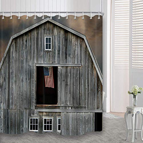 dynh Farmhouse Vorhang für die Dusche, American Flagge fliegen in einem Fenster der Holzhaus, schimmelresistent Wasserdicht Polyester Stoff Badezimmer Decor, mit Haken, 175.3 x 177.8 cm