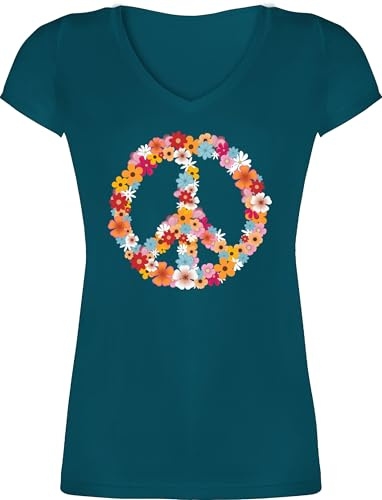 T-Shirt Damen V Ausschnitt - Sprüche Statement - Peace Flower Power Hippie Peace Zeichen I Friedenszeichen I 90er I 70er - XXL - Türkis - 70 er Jahre Klamotten Statement-t-Shirt mit Aufschrift 90s