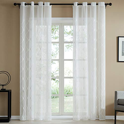 Topfinel Voile Gardinen mit Ösen Kariert Vorhänge Dekoschal mit Stickerei für Wohnzimmer Schlafzimmer 2 Stück 240x140cm (HxB) Weiß