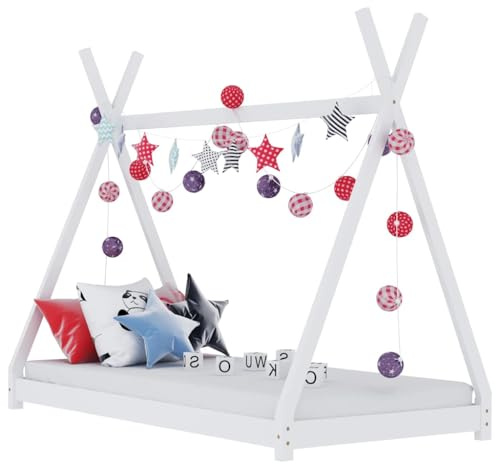 vidaXL Kiefernholz Massiv Kinderbett Hausbett Bettenhaus Spielbett Tipi Indianer Bett Kinderhaus Holzbett Bettgestell Lattenrost Weiß 80x160cm