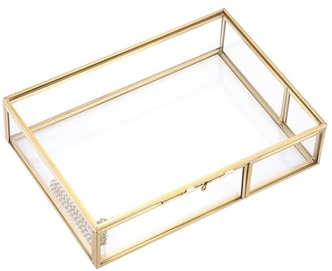 Hipiwe Gold Glass Photo Box - Vintage Photo Storage Organizer, Trinket Box Jewelry Display Organizer Photo Keepsake Box Case Home Decor (Medium)