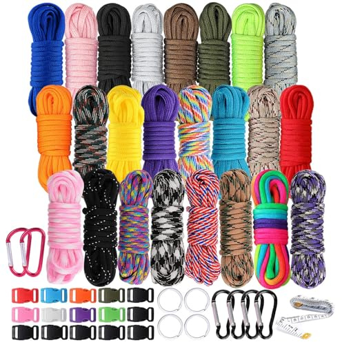 550 Paracord Type III - Survival Paracord Bracelet Rope Kits - Tent Rope Parachute Cord Combo Crafting Kits, Many Colors of Outdoor Survival Rope - Great Gift (Colorful 24 Color)