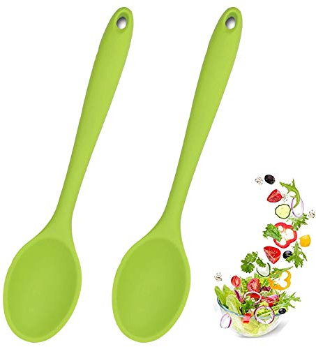 Meajore Kochlöffel Silikon 2 Stück - Antihaft Servierlöffel Kunststoff mit Hygienisches Design, Rührlöffel für Küche, Kochen, Backen, Rühren (Grün)