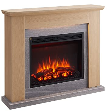 BALDERIA Hektor Elektrokamin - Elektrischer Standkamin mit Heizung 1000/2000 W, realistischer 3D-Flammeneffekt, LED-Beleuchtung, Fernbedienung programmierbar, Timer, Thermostat - Hellbraun