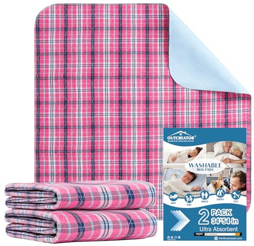 OUTCREATOR® Washable Bed Pads 34 x 54 (Pack of 2) for Incontinence Mattress Protector, Reusable Underpads for Elderly, Adults, Kids, Pets with Anti-Slip Bottom (Pink Plaid)