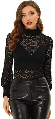 Allegra K Damen Dirndlblusen Langarm Durchsichtig Spitze Oberteil Mesh Lace Hochgeschlossene Top Bluse Schwarz XL
