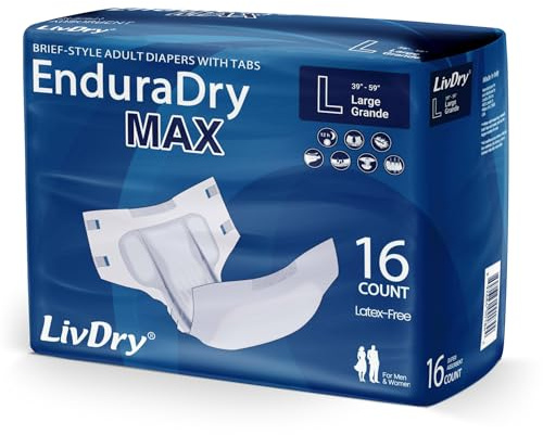 LivDry EnduraDry Max Adult Diapers with Tabs, Up to 12-Hours, Super Absorbent Incontinence Underwear, Leak Protection Briefs, Large, 16-Pack