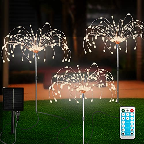 FANSIR Solar Garden Lights Outdoor 3 Pcs Solar Fireworks Garden Lights with Remote Control 8 Modes 120 LEDs Waterproof Outdoor Lamp Lawn Backyard Flower Boxes Pathway Warm White