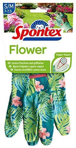 Spontex Flower Gartenhandschuhe mit Blumenmuster, ideal für leichte Gartenarbeit, mit Anti-Rutsch-Noppen, lockere Passform, Größe S/M (7-7,5), 1 Paar, mehrfarbig