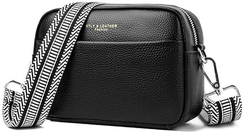 FANFUSUZI Crossbody Bag Damen Leder Breiter Gurt Handtasche Umhängetasche moderne taschen mit breitem wasserdichter und langlebiger,Schwarz.