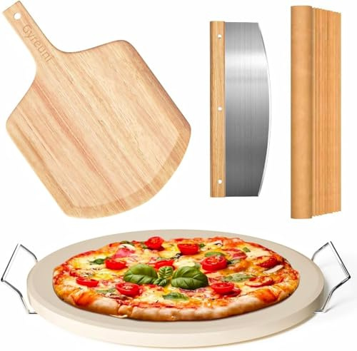 5 PCS Round Pizza Stone Set, 13 Pizza Stone for Oven and Grill with Pizza Peel(OAK),Serving Rack, Pizza Cutter & 10pcs Cooking Paper for Free, Baking Stone for Pizza, Bread