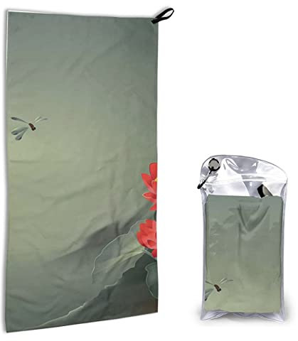 Schnell trocknendes Handtuch mit Tasche – Lotusblume und Libelle bedruckt, super saugfähig, Mikrofaser, Reise-Sporthandtücher, 40 x 80 cm