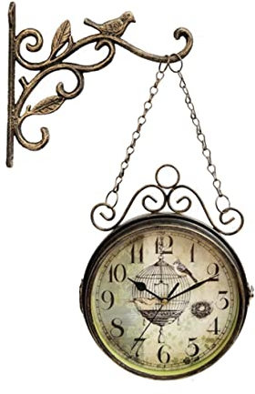 Yardwe Outdoor-Uhr Zweiseitige Uhr Wanduhr Aus Eisen Gartenuhr Zum Aufhängen Antike Hängeuhr Altstadt Wanduhr Vintage Außenterrassenuhr Auf Ständer Doppelseitige Uhr Statue Altmodisch