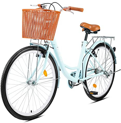 Viribus 26 Inch Vintage Ladies Bike with Basket, Dutch Style City Bicycle with Carbon Steel Frame, Dual V Brakes, Single Speed Women’s Comfort Bike with Adjustable Seat and Handlebars (Mint)