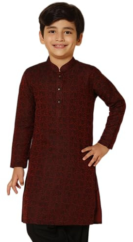 KISAH Boy's Jacquard Cotton/Silk Blend Kurta- Regular Fit with Mandarin Collar|Traditional Indian Festive Wear, 5-6 Years Maroon