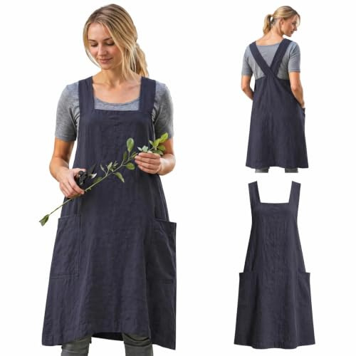 Amlztr Damen Latzschürze mit Kreuzrücken, Schürze mit Taschen, Baumwollleinen, Übergröße