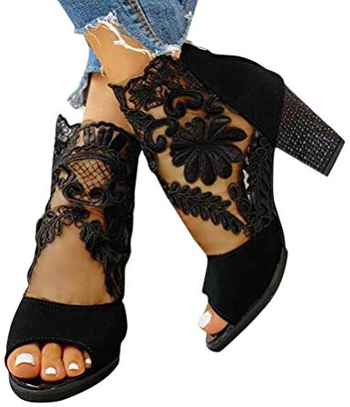 Minetom Femme Sandales Été Dentelle High Heels Escarpins Tête De Poisson Plateforme Talon Block Sandales Creuse Soirée Parties Mariage Chaussure B Noir 38 EU