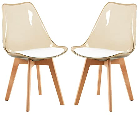 H.J WeDoo 2er Set Braun Transparente Esszimmerstühle im Skandinavischen Stil, 2 Küchenstühle Massive Buchenholzbeine mit Weißem PU Leder Sitzkissen