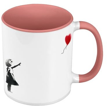 Fabulous Mug de Couleur Qualité Premium Rose - Banksy Fillette Ballon Rouge Coeur Enfant - Tasse avec anse et intérieur de couleur