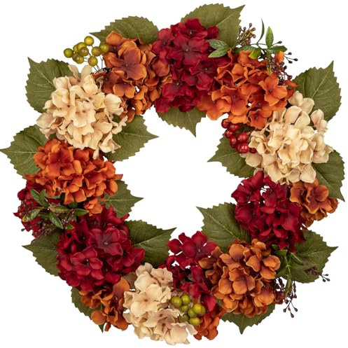 Hollyone 51 cm Künstliche Hortensienkranz Herbst Dekoration Kranz, Falsche Blumen Türkranz, Faux Beige Rot Orange Hortensien Kranz Deko für Haustür, Mantel, Wand, Bauernhof Dekor