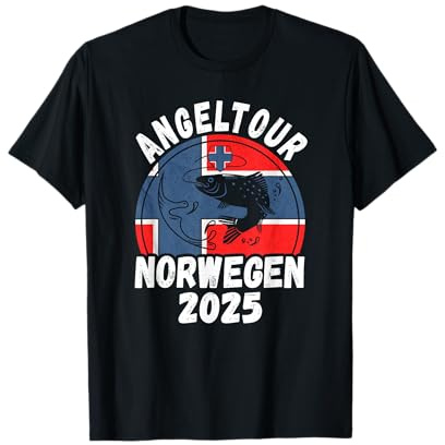 Lustige und schöne Designs für Angler und Fischer - Angeltour Norwegen 2025 T-Shirt - Unisex - Schwarz - S - Kurzarm - Klassisch, Rustikal, Naturverbunden - Crew Neck - Sommer