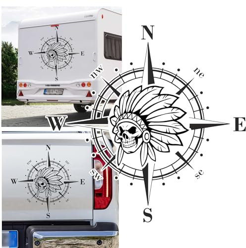 Kompass Häuptling American Skull Totenkopf Native Ureinwohner Amerikas Aufkleber freie Größe&Farbe Auto Camper Wohnmobil Caravan Autoaufkleber Wohnwagen Sticker Kompassrose