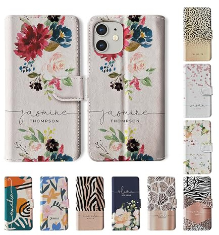 Tirita Personalised Wallet Phone Case for iPhone 15 With Card Holder – Leather Flip Case or Cover With Custom Name – Cute Personalised Gift for Women [08. White Floral English Roses]