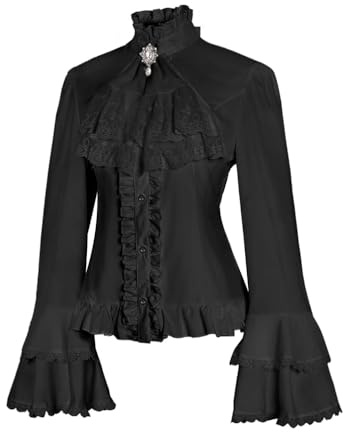 Inzegao Blouses vintage pour femme, t-shirt évasé à manches longues, chemise en dentelle à volants et col montant Lolita, noir, Taille XS