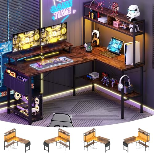 Aheaplus L Shaped Gaming Desk with Power Outlets & LED Lights, Small L-Shaped Desk Computer Corner Desk with Monitor Stand & Storage Shelf, Home Office Desk Writing Desk with Storage Bag, Rustic Brown