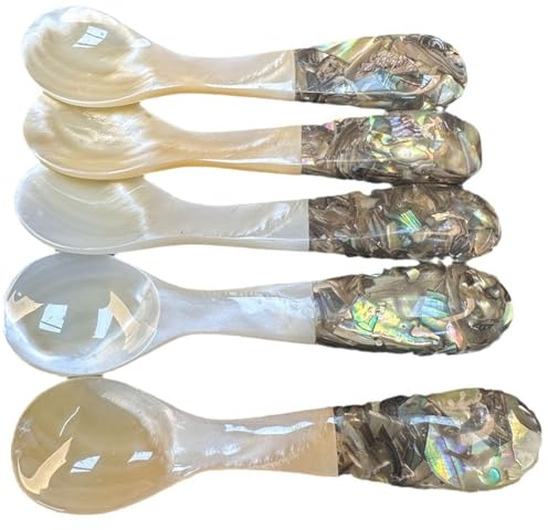 Yurosiay 5 cucharas de caviar de nácar, cucharas de huevo, con extremos redondos, cucharas de café de nácar, con mango acrílico multicolor, cucharas de postre, conchas, cucharas para servir huevos de