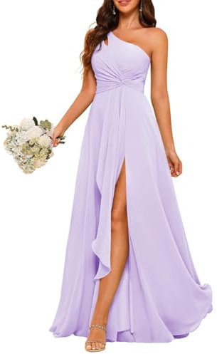 HPPEE Robe de demoiselle d'honneur asymétrique en mousseline de soie avec longue robe plissée pour femme, lilas, 48 plus