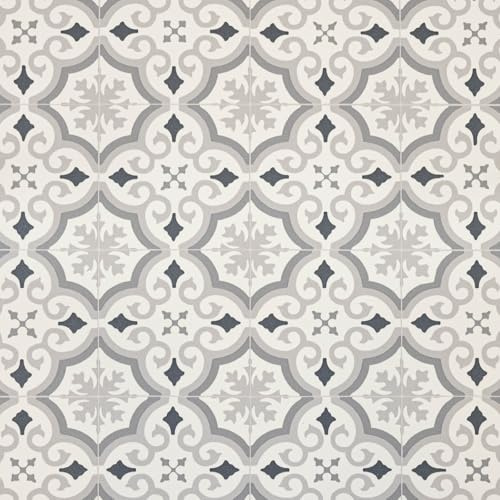 Light Grey Victorian Tile Effect Eclipse Vinyl Flooring 2mm Thick Lino Roll Bathroom Kitchen (2m Wide x 2m Long)