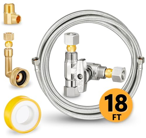 Dishwasher Hose Installation Kit - Includes Water Supply Line, 3/8 Compression Water Splitter, 3/4 FHT Elbow, and 3/8 MIP Elbow (18 FT)