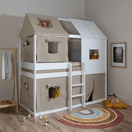 Nöa & Nani Luka Treehouse Mid Sleeper Bed, White - Solid Pine Toddler Bunk Bed with Canvas Tent Package & Spacious Floor Space - Fun Canopy Cabin Bed Frame & House Beds for Kids & Small Bedrooms