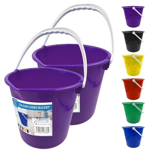 Colour Coded Plastic Bucket with Handle, 2 Gallon (7.5L) Household Heavy Duty Bucket with Spout and Easy-Grip Handle, Multipurpose Water Pail for Cleaning, Bath, and Gardening (Purple Pack of 2)