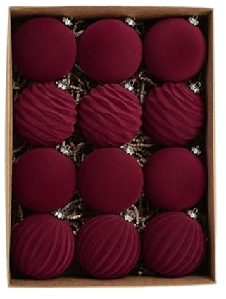 Velvet Baubles, Red Ball Ornaments - 12 Flocking Farmhouse Christmas Balls - Seasonal Decoration for Weddings, Engagements, Anniversaries