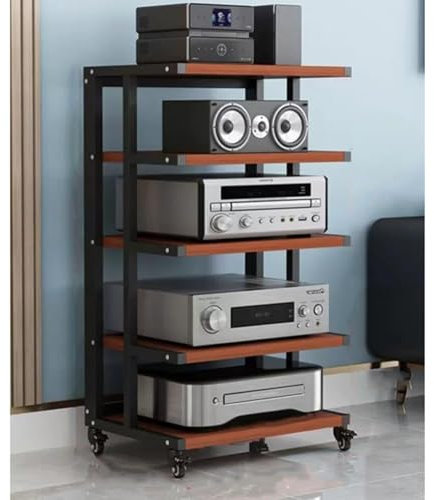 Brown 5 Tier Audio Stand Hifi Rack with Brake Wheel Corner AV Cabinet for Media Stereo Components Open Audio Tower Cabinet for Home Entertainment System