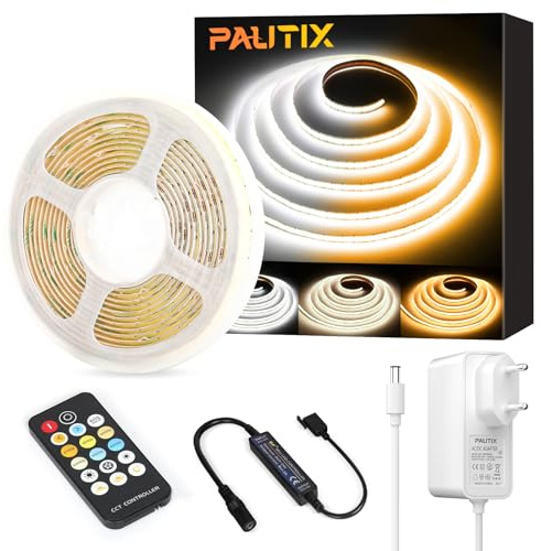 PAUTIX COB LED Streifen CCT 5M Kit 24V Tunable White 2700K–6500K LED Strip 640LEDs/m Dimmbar Warmweiß/Kaltweiß LED Band mit Netzteil und RF Fernbedienung für Wohnzimmer,Küche und Andere Wohnräume
