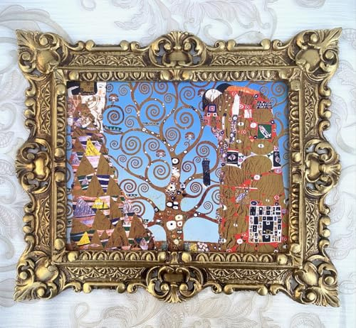 Pintici Gerahmtes Gemälde Gustav Klimt Baum des Lebens Wandbild Wohnzimmerbild Antik Still Bild mit Rahmen berühmten Bilder Kunstdruckbild Wandkunst Wanddeko (Gold)