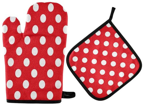 Hitzebeständig Kochhandschuhe Weiße Erbsen auf einem roten Hintergrund waschbare Ofenhandschuhe und Topfhalter Sets für BBQ Küche