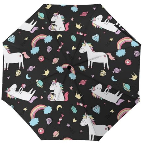 YBQLNP Automatischer Regenschirm Regenbogen Einhorn Taschenschirm Winddicht Sturmfest Für Herren Damen Teenager