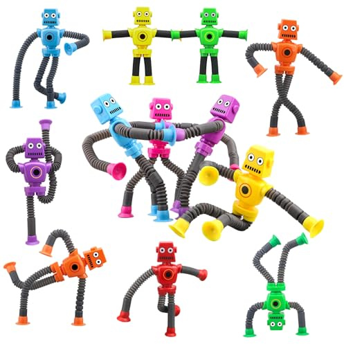 Saugnapf-Roboter-Spielzeug 12 Stück, formveränderndes sensorisches Pop-Tube-Fidget-Spinner, Schreibtischdekoration für Klassenzimmer, Büro, Partygeschenk für Jungen, Mädchen und Kinder