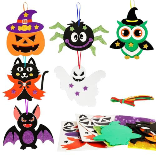 Ntwdby 12 Stück Halloween Bastelsets für Kinder, Halloween Moosgummi Basteln, DIY Fledermaus Kürbis Spinne Katzen Eule Geist zum Basteln Kreative Kunsthandwerk Bastelhandwerk für Hallowe'en Deko