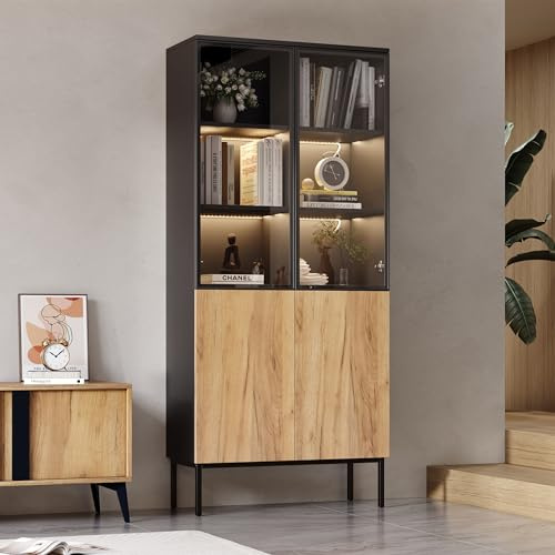 Merax Vitrinenschrank Glasvitrine Vitrine Schrank mit LED-Beleuchtung, Bücherregale mit 3 Glasböden & 2 Schränken, Sammlervitrine Wohnzimmer, Schlafzimmer, Büro, Pop-up Design, 180cm, Schwarz & Eiche