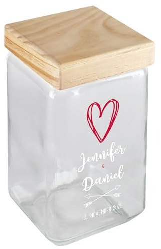 Herz & Heim® Personalisierbares Vorratsglas mit Bambusdeckel – 2 l Glasdose mit individuellem Aufdruck – Geschenk zu Hochzeit, Geburtstag, Einzug – luftdicht & dekorativ (Herz (weiß))